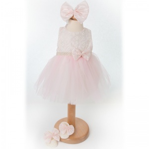 Baby Girls Pink & Ivory Tulle Dress, Headband & Shoes
